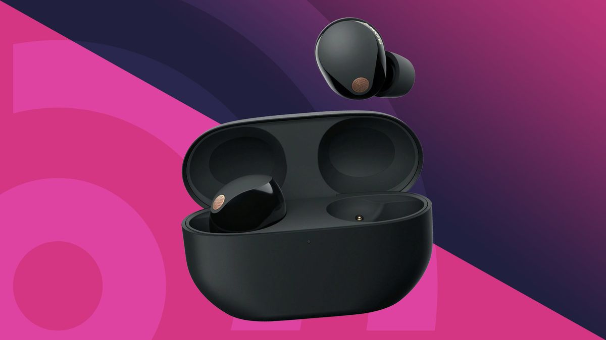 Sony WF-1000XM5 earbuds in black on pink background