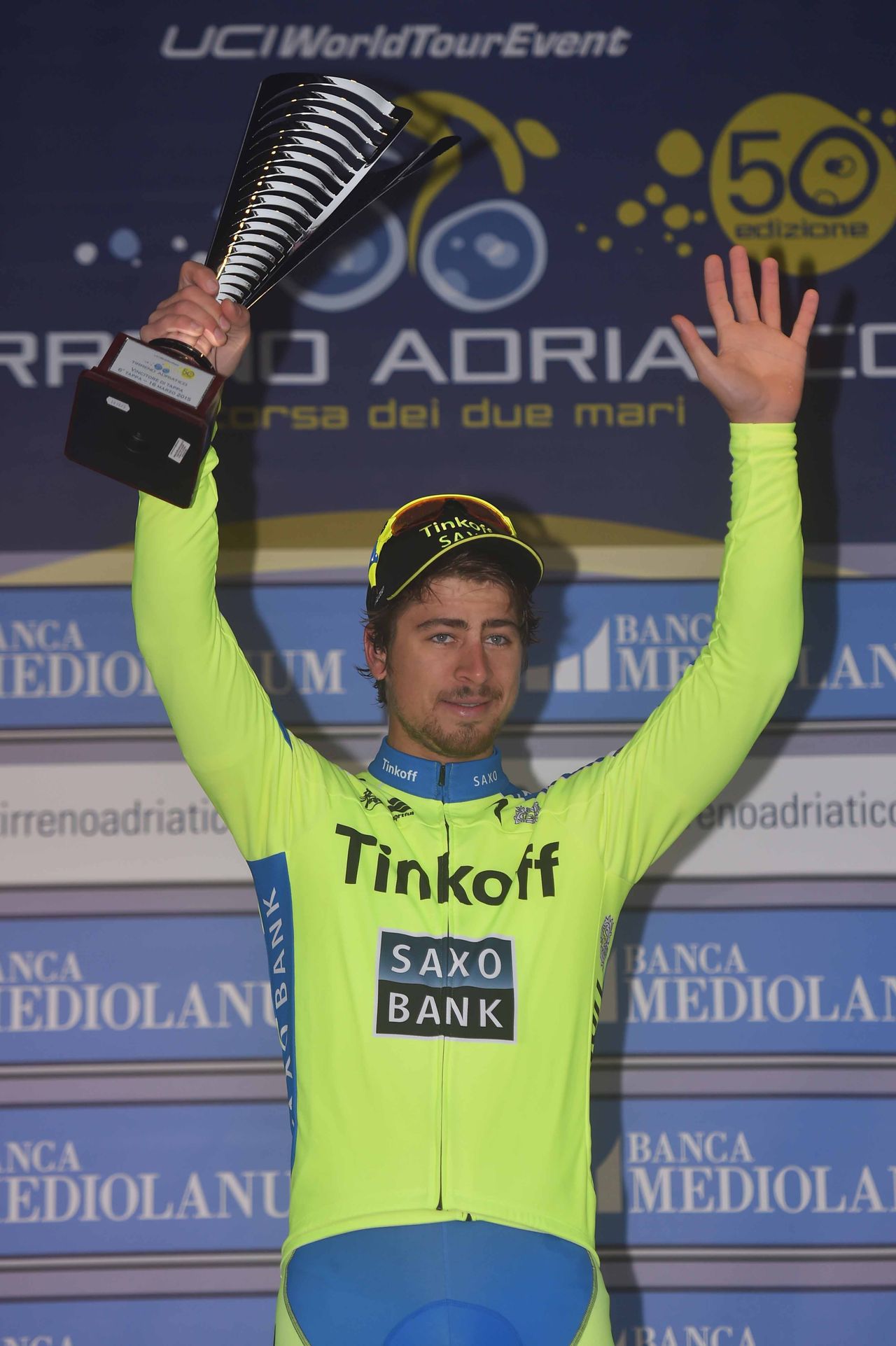 Peter Sagan waves from the podium