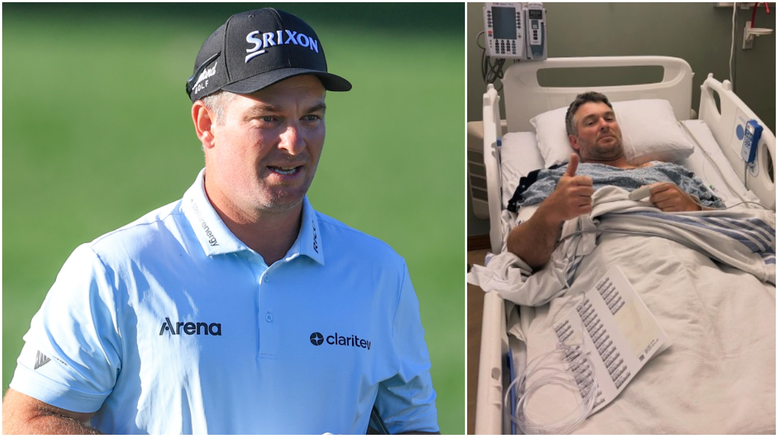A composite picture of New Zealand golfer Ryan Fox out on tje course and in a hospital bed after having kidney stones removed