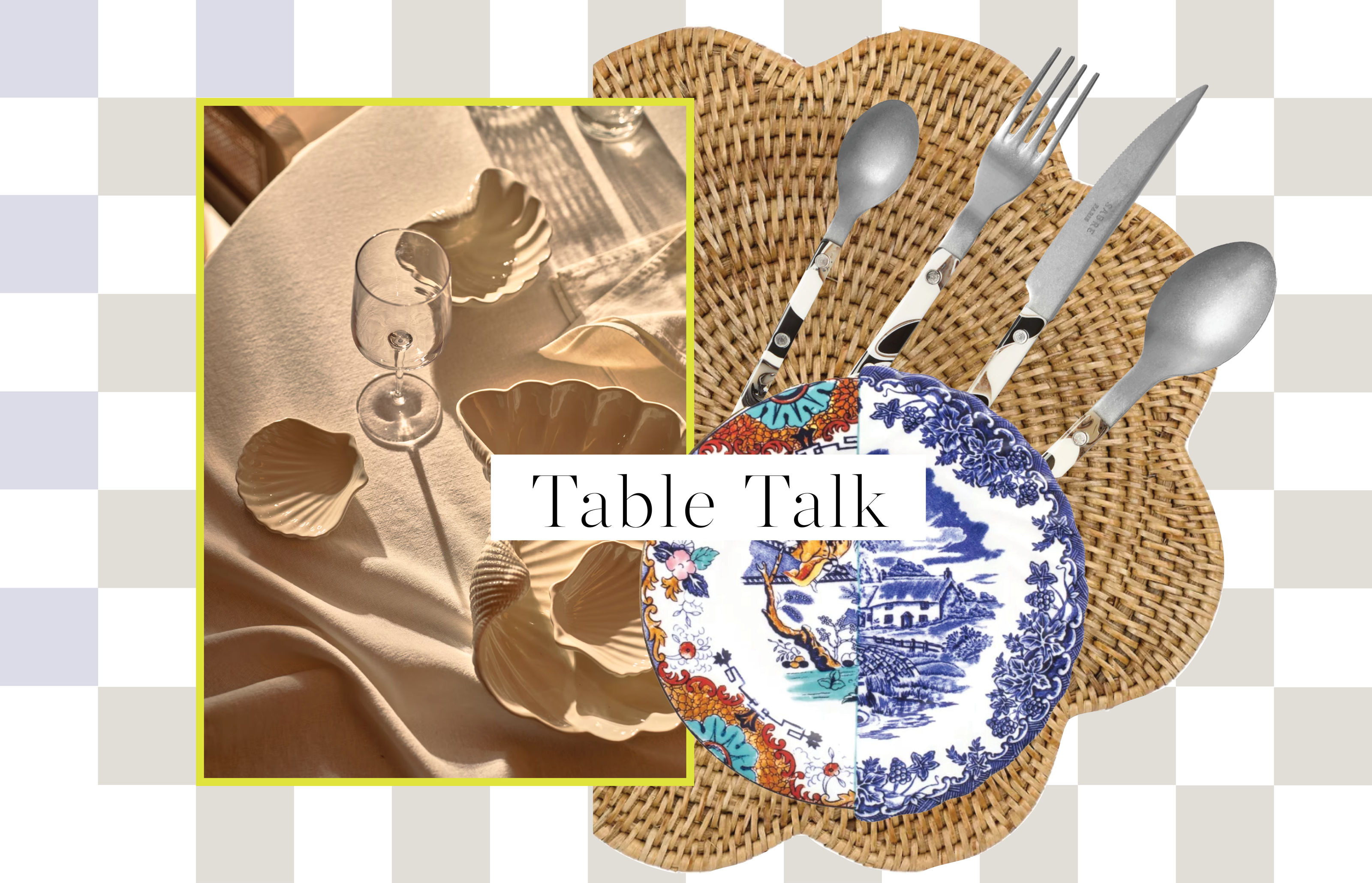 a series of tableware cutouts on a checkerd backround