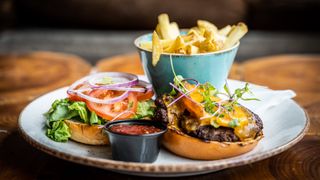 Cheese burger and bun with lettuce, tomato and onion on a round plate with side dish of fries and pot of tomato sauce on a wooden table top, served in a pub or restaurant, with shallow depth of field