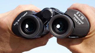 A pair of hands holding a pair of small black binoculars up to the camera.