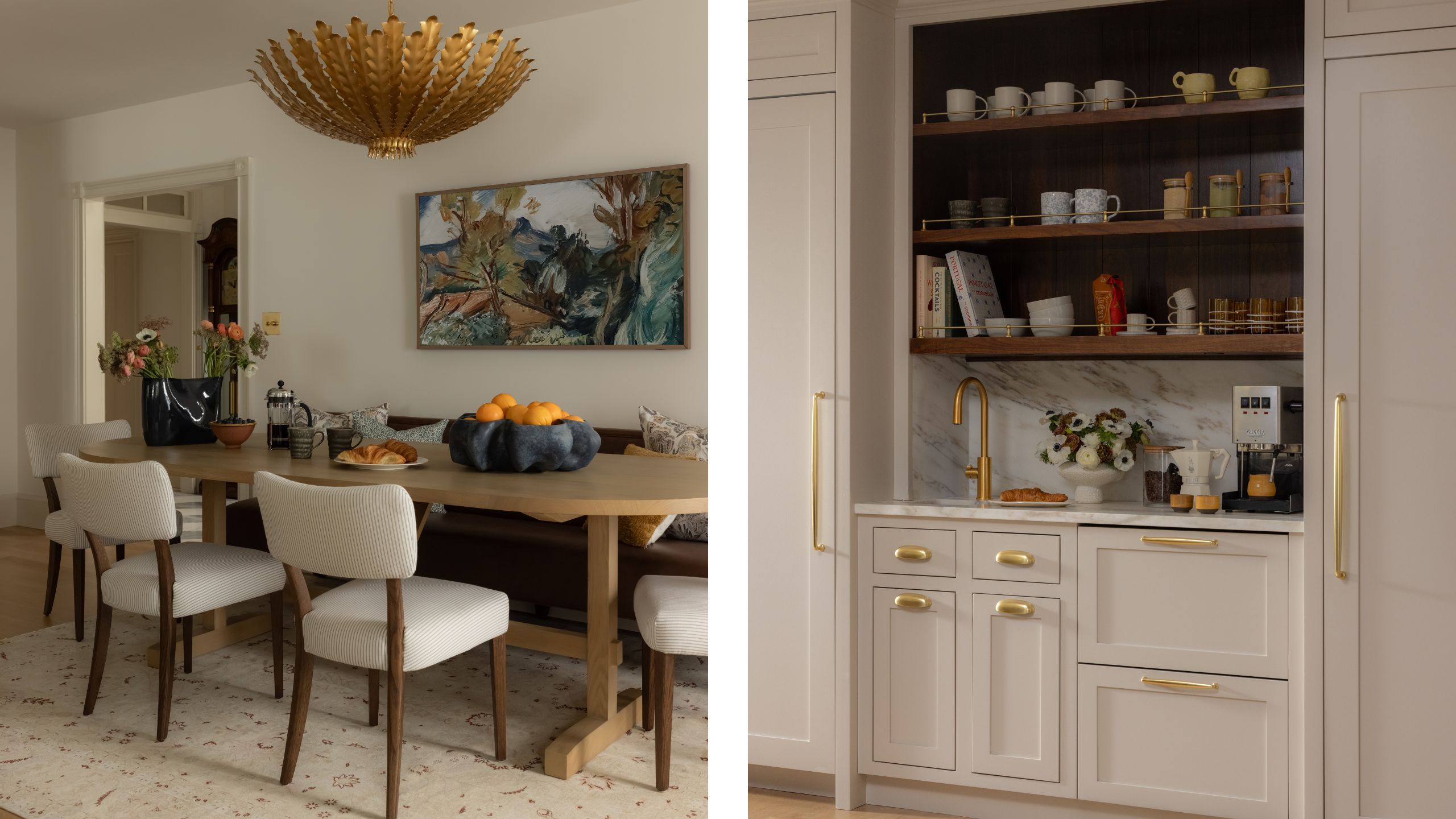 two side by side images of a dining room with large brass pendant light and a soft beige coffee nook with walnut open shelves