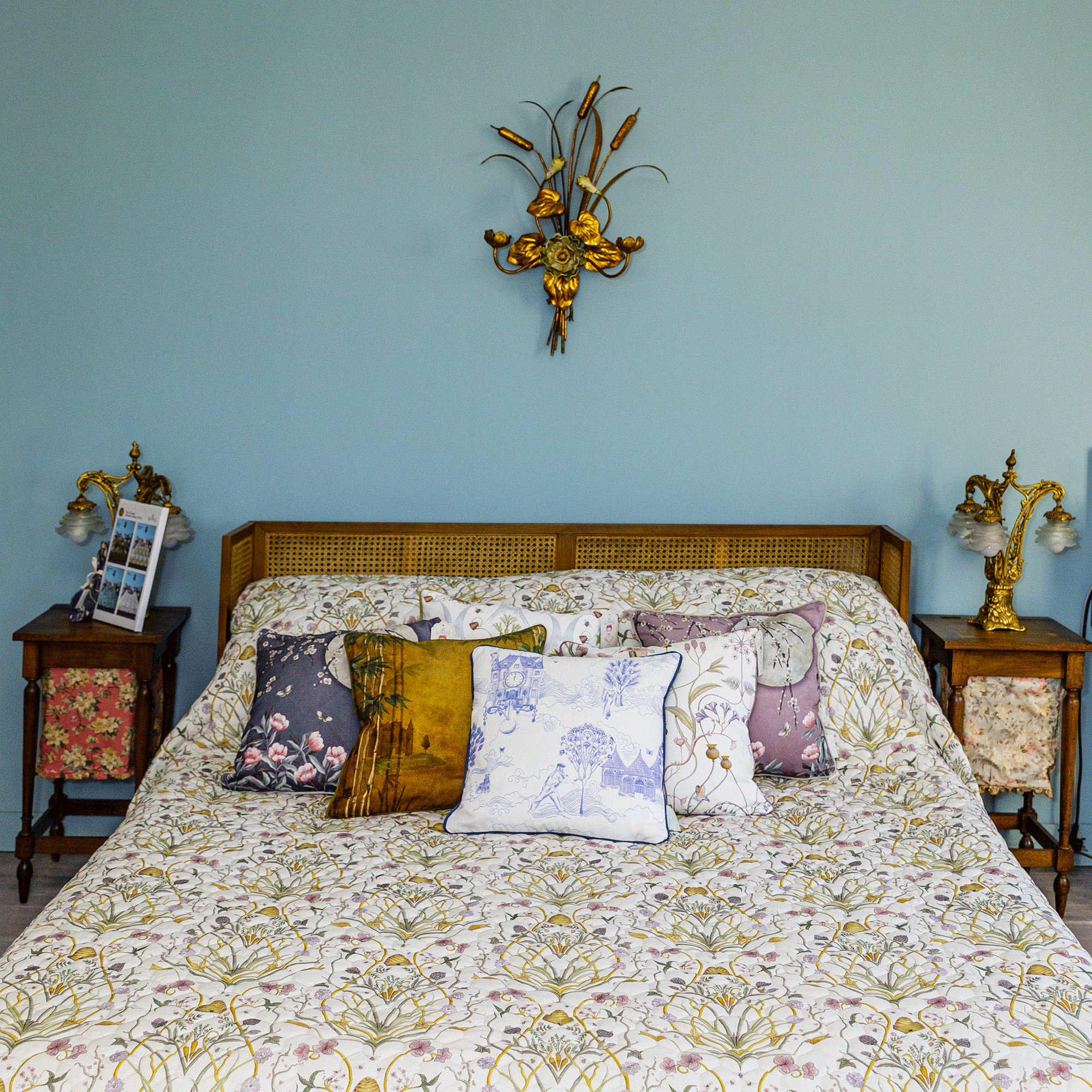 Blue bedroom with rattan headboard