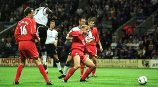 27 Aug 2001: Michael Ricketts of Bolton scores during the match between Bolton Wanderers and Liverpool in the Barclaycard Premiership at Reekok Stadium, Bolton.