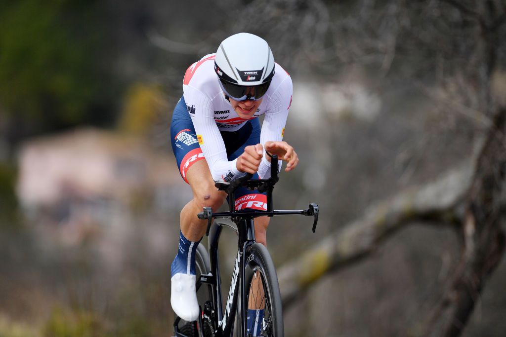 ALES FRANCE FEBRUARY 06 Antonio Tiberi of Italy and Team Trek Segafredo sprints during the 52nd toile De Bessges Tour Du Gard 2022 Stage 5 a 11km individual time trial from Als to Als lErmitage ITT EDB2022 on February 06 2022 in Als France Photo by Luc ClaessenGetty Images