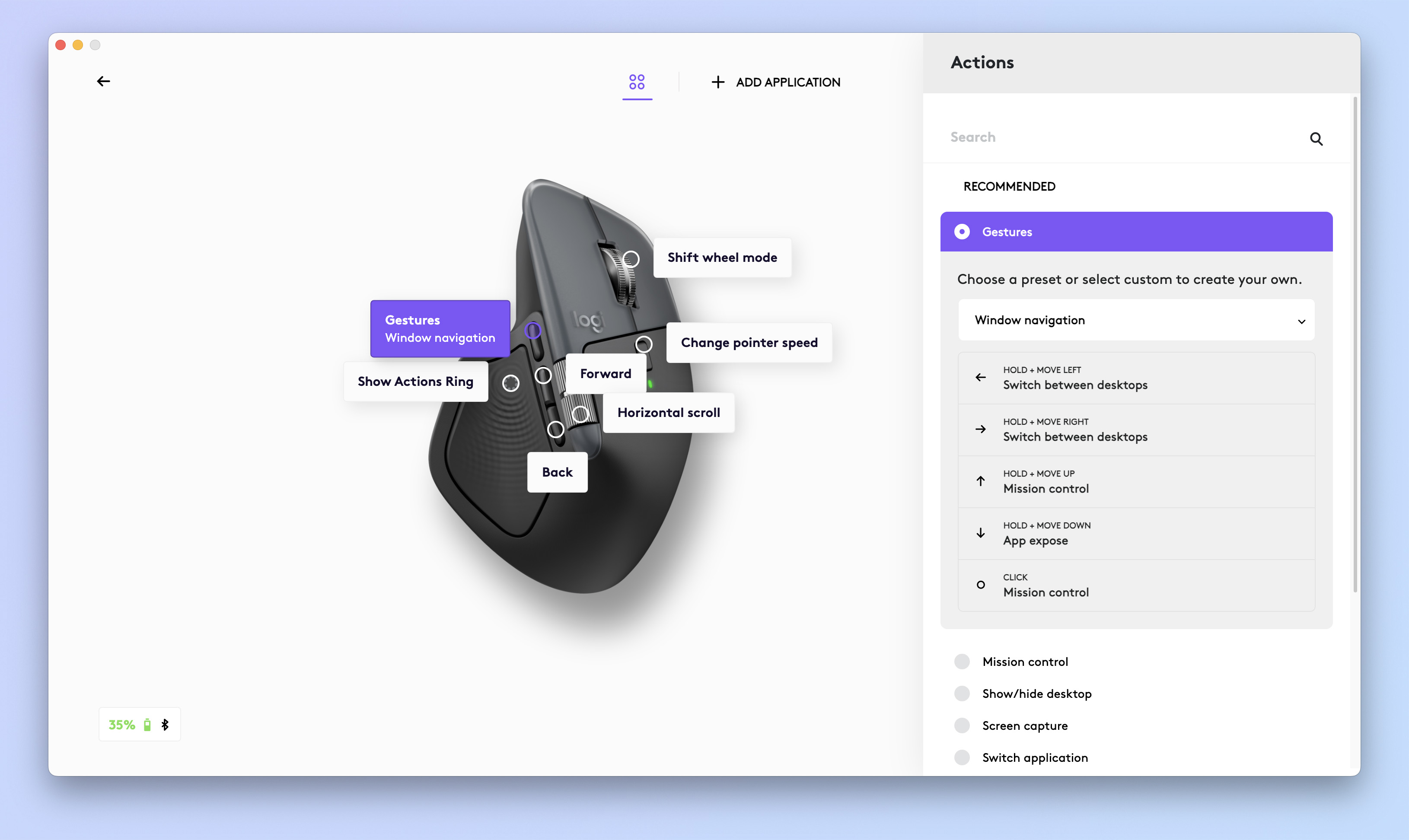 A screenshot of the Logitech Logi Options+ app being used to customize the Logitech MX Master 4
