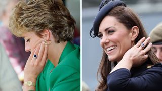 (L) Princess Diana and (R) Kate Middleton showing off their sapphire engagement ring