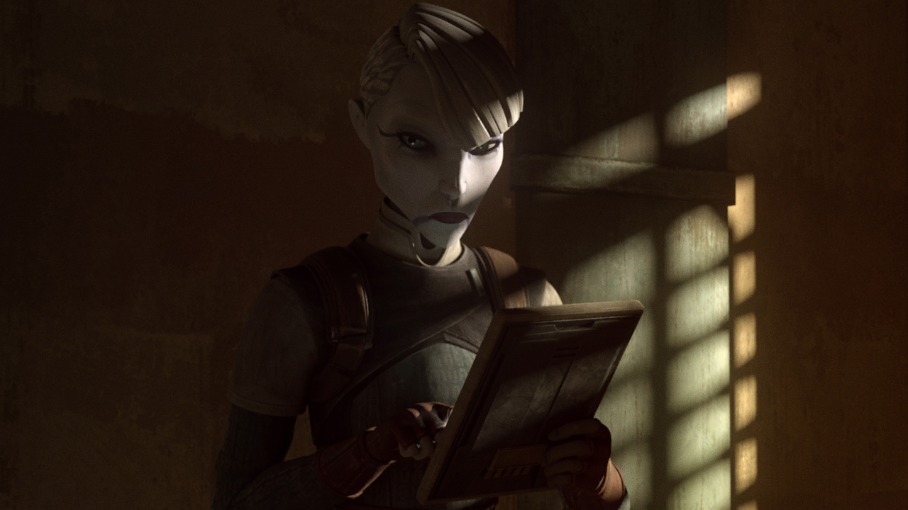Asajj Ventress (Nika Futterman) sulks in the shadows on Star Wars: Tales of the Underworld.