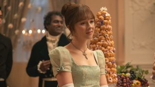 Claudia Jessie looking forward lovingly on Bridgerton.