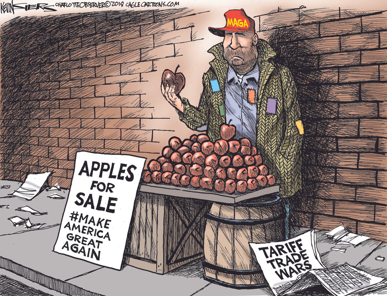 Political cartoon U.S. Trump MAGA steel tariffs trade war recession