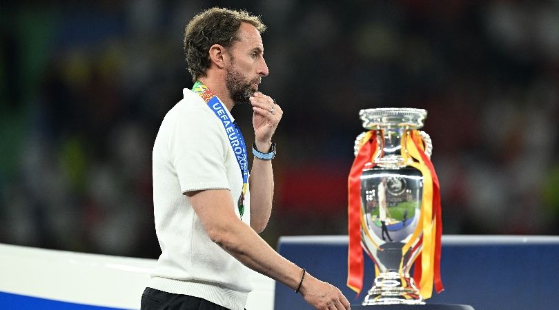 Gareth Southgate walks past the European Championship trophy after England&#039;s defeat to Spain in the final of Euro 2024.