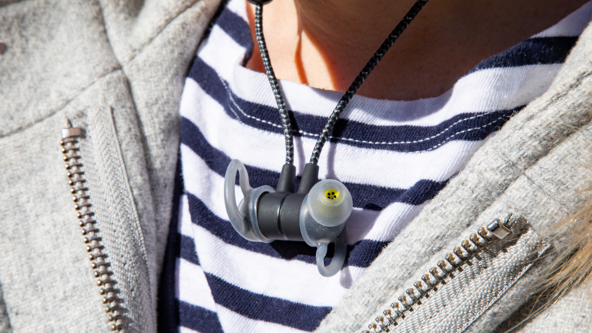 The Jaybird Tarah Pro hanging around our reviewer's neck