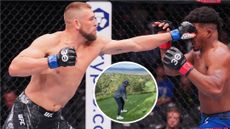 dustin jacoby fighting in UFC with an inset of him on a golf course