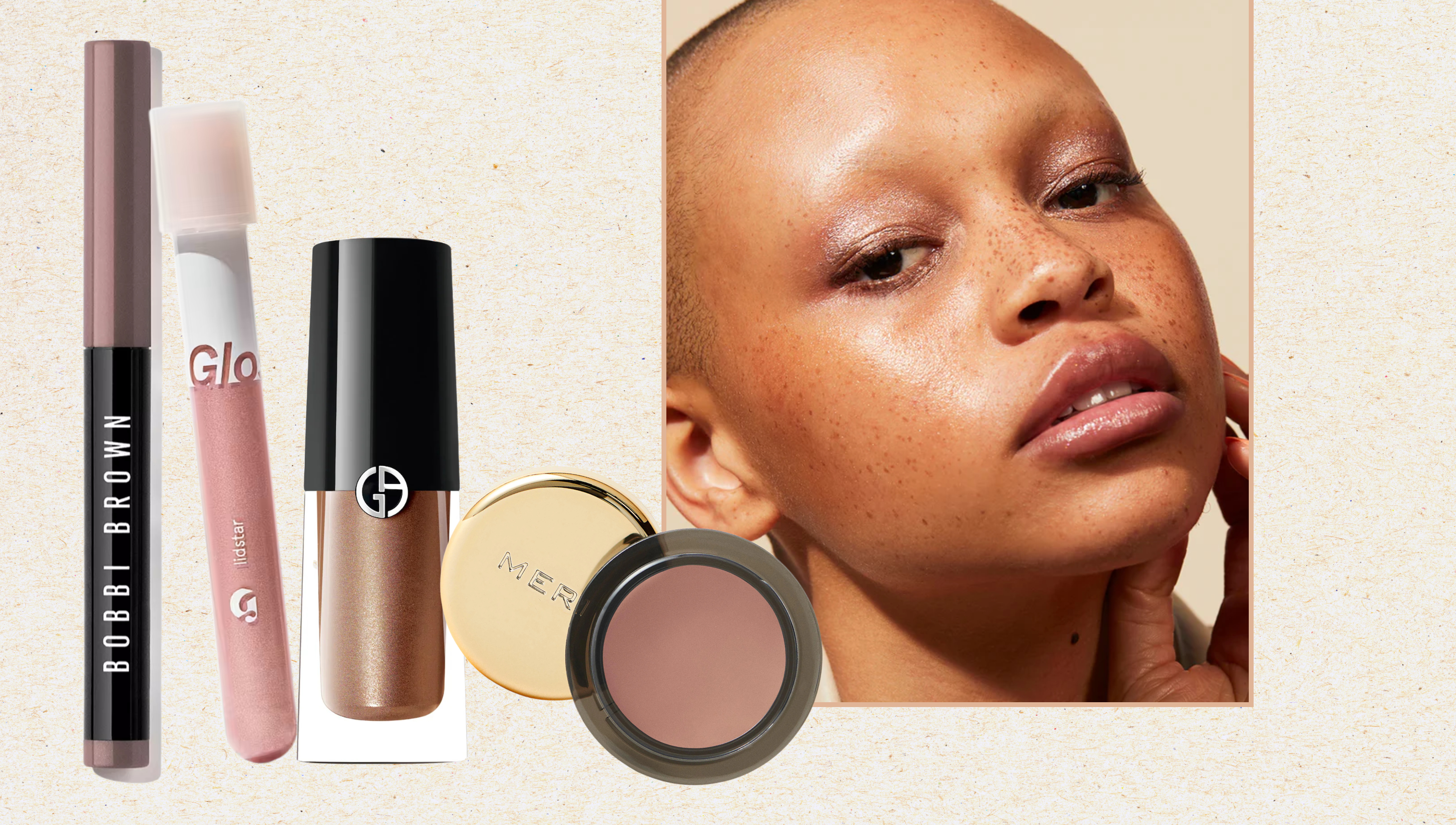a creamy textured background witha model wearing cream eyeshadow next to five cream eyeshadows