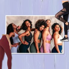 Image of women in sports bras and leggings with photos of legs in leggings overlaid a purple background