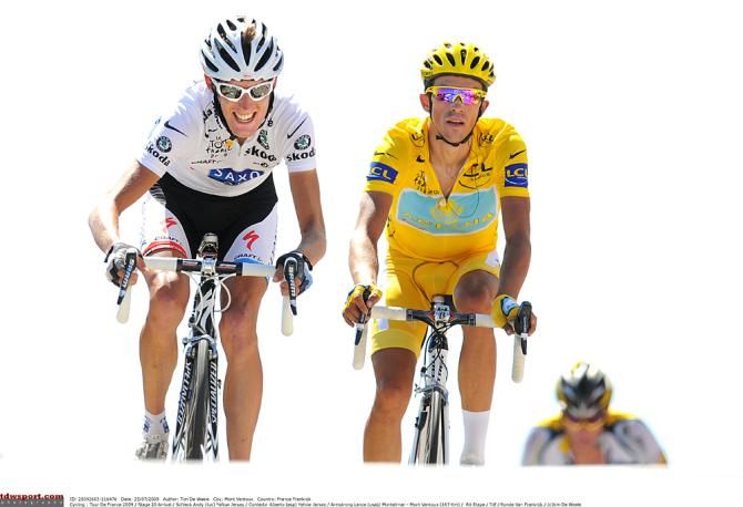 Andy Schleck powers ahead of Alberto Contador atop the Mont Ventoux in the 2009 Tour de France