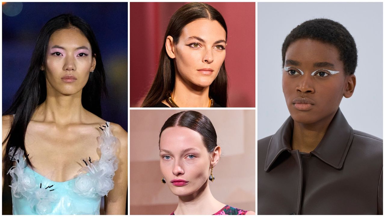 Photo collage of models from Spring 2025 fashion week from Ulla Johnson, coperni, gucci, and loewe