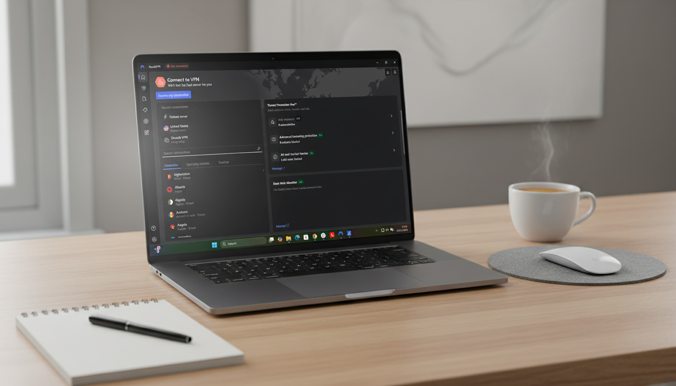 NordVPN running in dark mode on a laptop on desk
