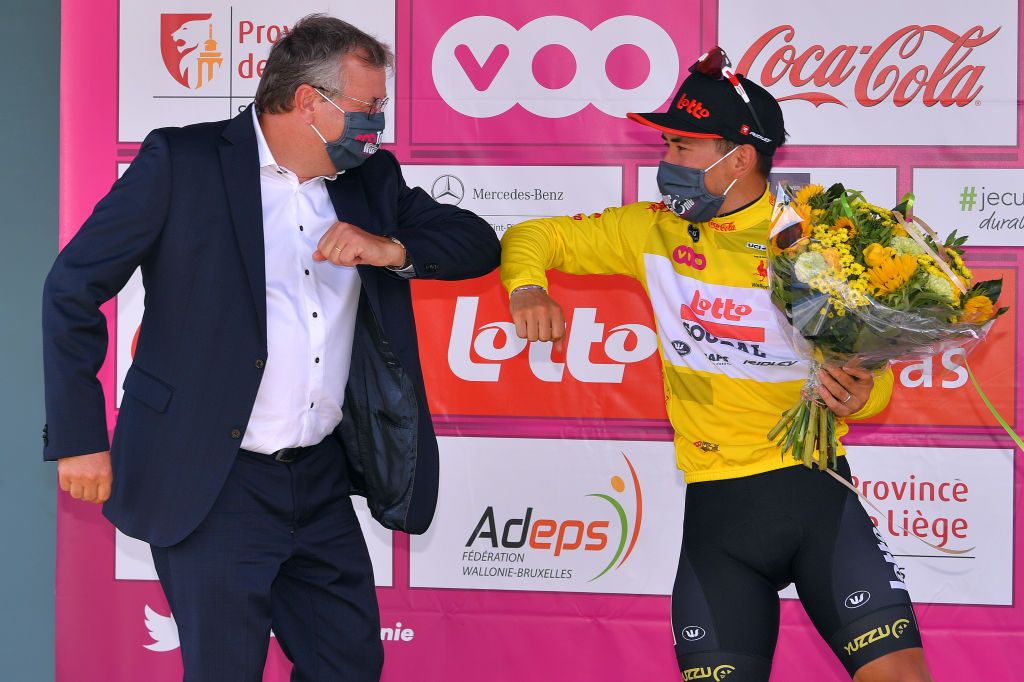 WAVRE BELGIUM AUGUST 17 Podium Caleb Ewan of Australia and Team Lotto Soudal Yellow Leader Jersey Celebration Hostess Covid safety measures during the 41st Tour de Wallonie 2020 Stage 2 a 1723km stage from Frasnes Lez Anvaing to Wavre TourdeWallonie TRW2020 on August 17 2020 in Wavre Belgium Photo by Luc ClaessenGetty Images