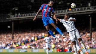 Jean-Philippe Mateta of Crystal Palace and Caleb Okoli of Leicester City during the Premier League match between Crystal Palace FC and Leicester City FC at Selhurst Park on September 14, 2024 in London, United Kingdom.