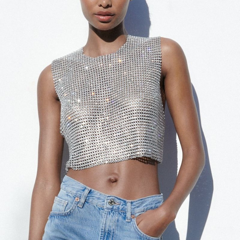 model wearing Zara Rhinestone Top