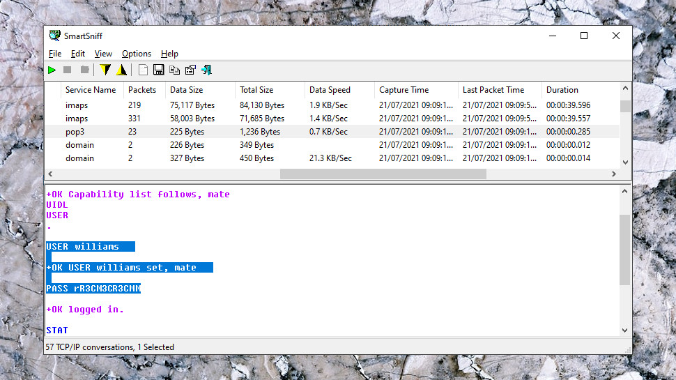 NirSoft SmartSniff can capture network traffic, including email usernames and passwords