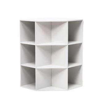 A white corner bookshelf