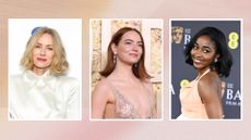 Collage of Naomi Watts, Emma Stone and Ayo Edebiri with bob hairstyles to illustrate the cowgirl bob trend