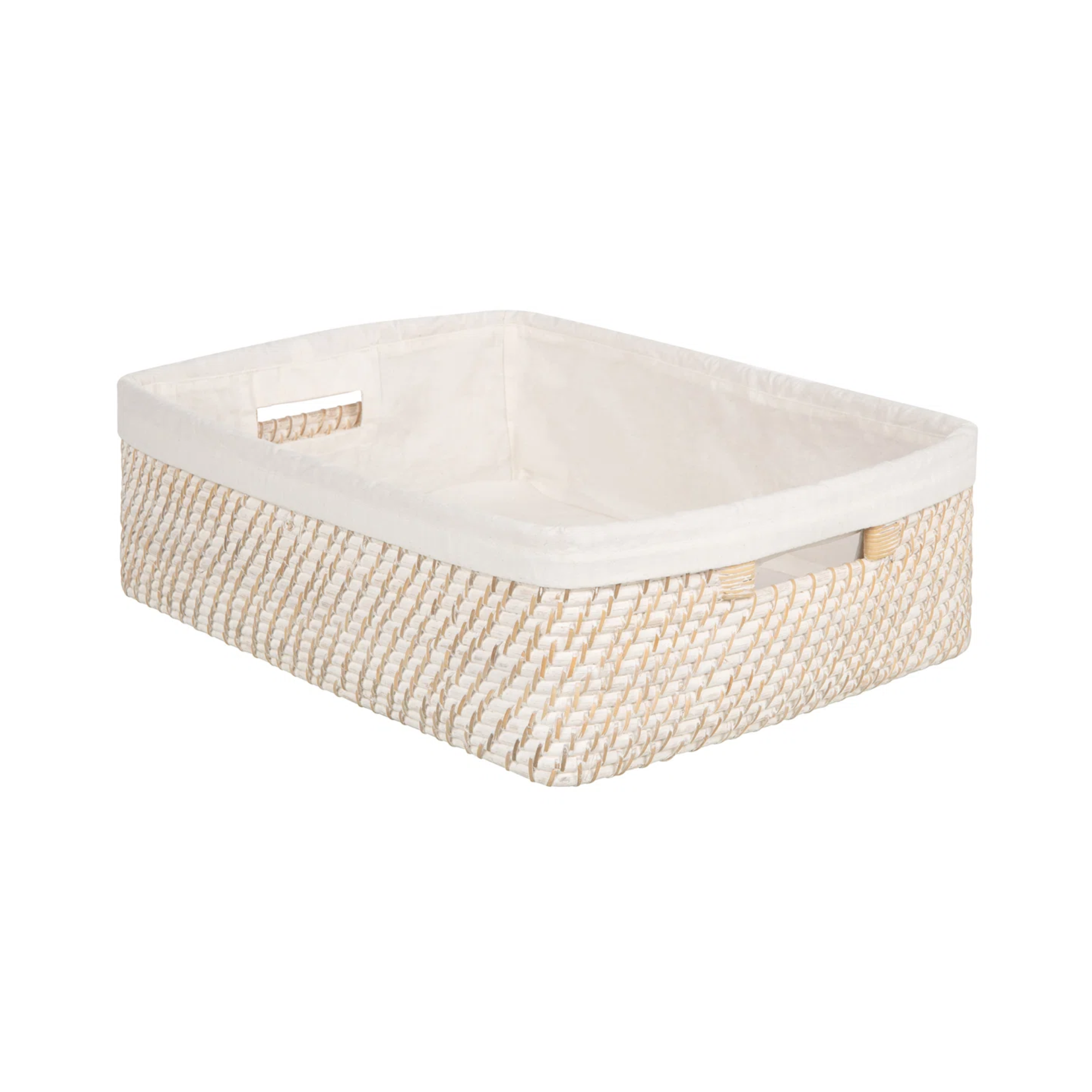 a rectangular storage basket with a fabric lining