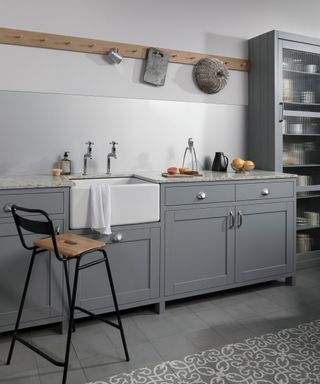 aluminium splashback in utility room with grey cupboards