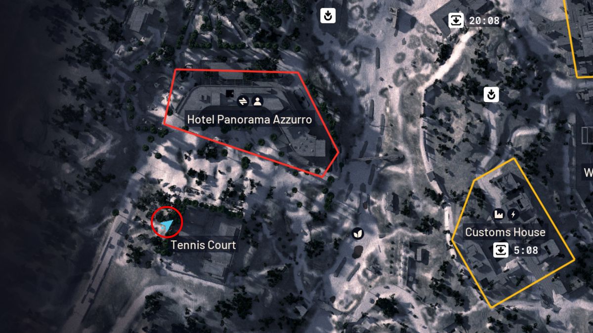 Arc Raiders Safe Harbor: A map of Riven Tide with a red circle highlighting a location in the Tennis Court area.
