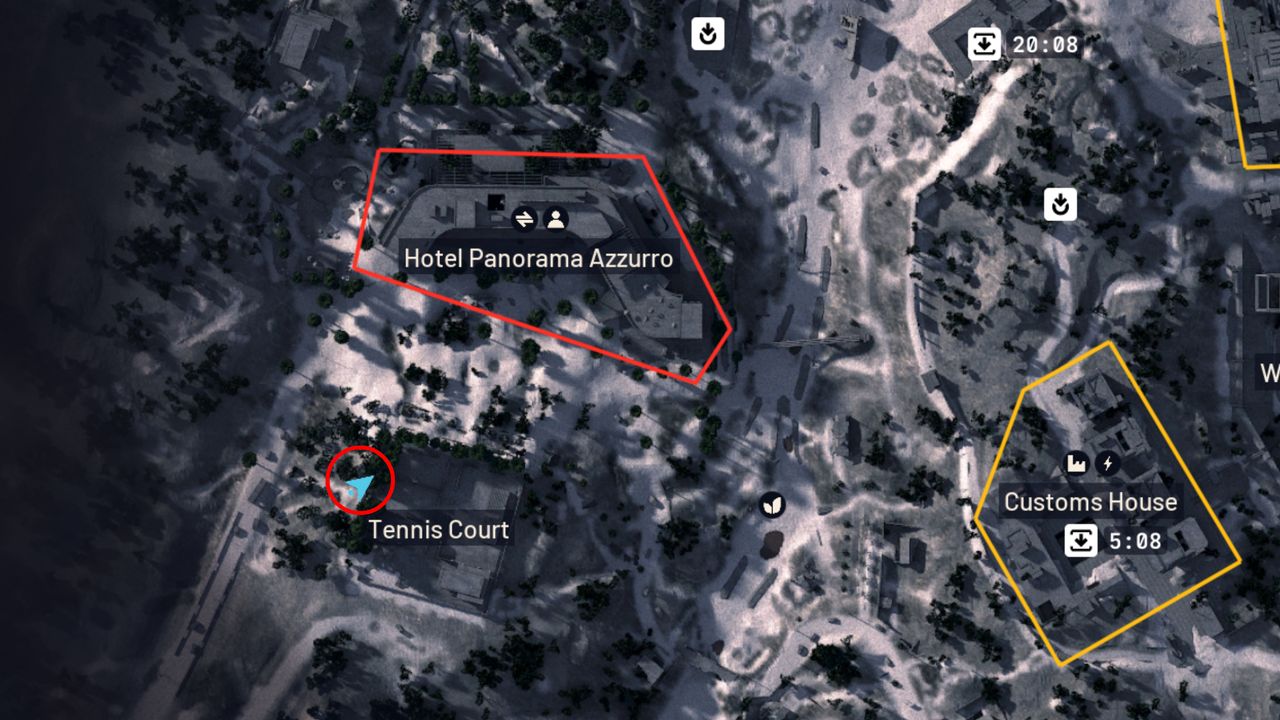 Arc Raiders Safe Harbor: A map of Riven Tide with a red circle highlighting a location in the Tennis Court area.