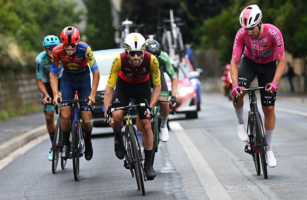 Cameron Rogers of Australia and Team Lidl - Trek Future Racing, Benjamin Thomas of France and Team Cofidis, Daniel Arnes of Norway and Team Van Rysel Roubaix compete in the breakaway during the 39th Tour Poitou - Charentes en Nouvelle Aquitaine 2025, Stage 4 a 185.9km stage from La Rochefoucauld to Poitiers on August 29, 2025 in Poitiers, France. (Photo by Luc Claessen/Getty Images