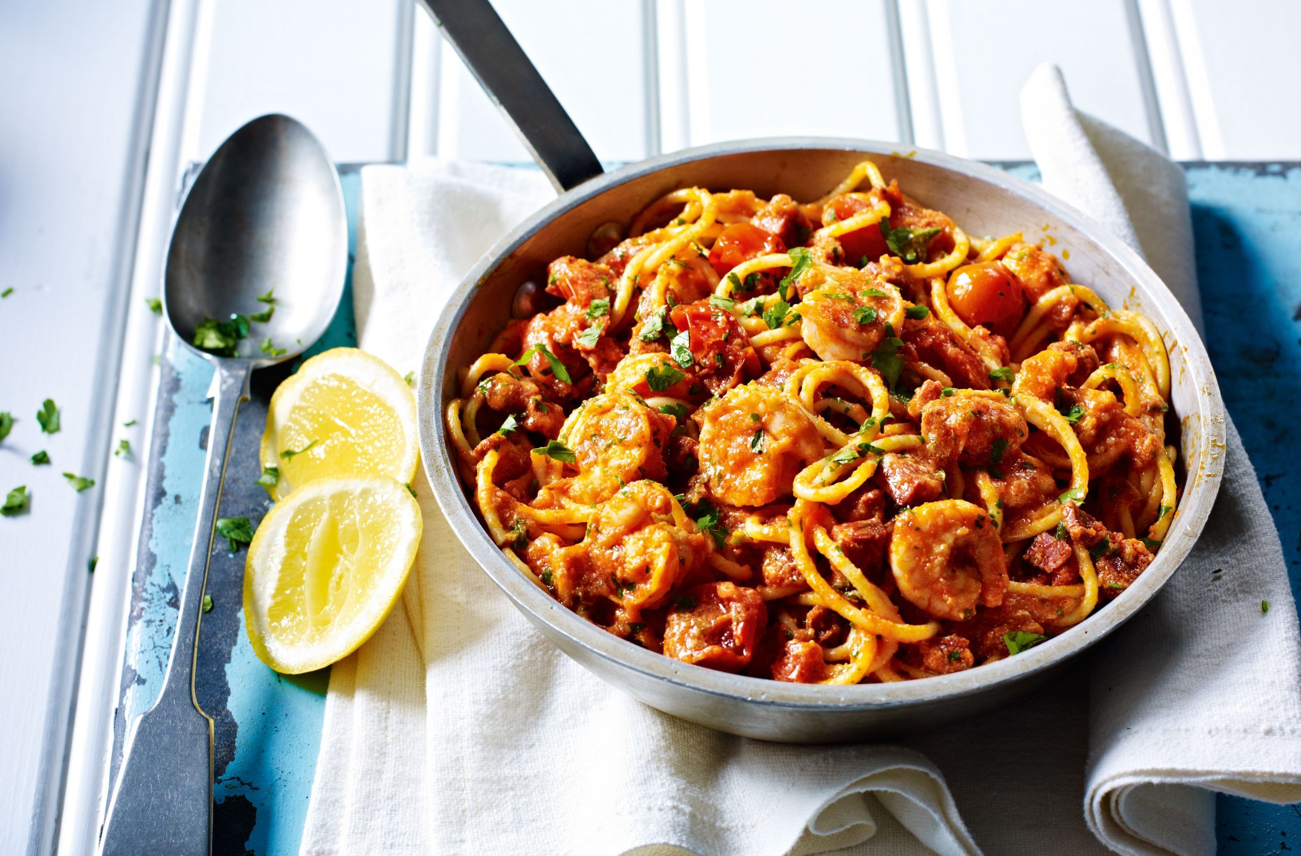 Spicy chorizo and prawn pasta recipe