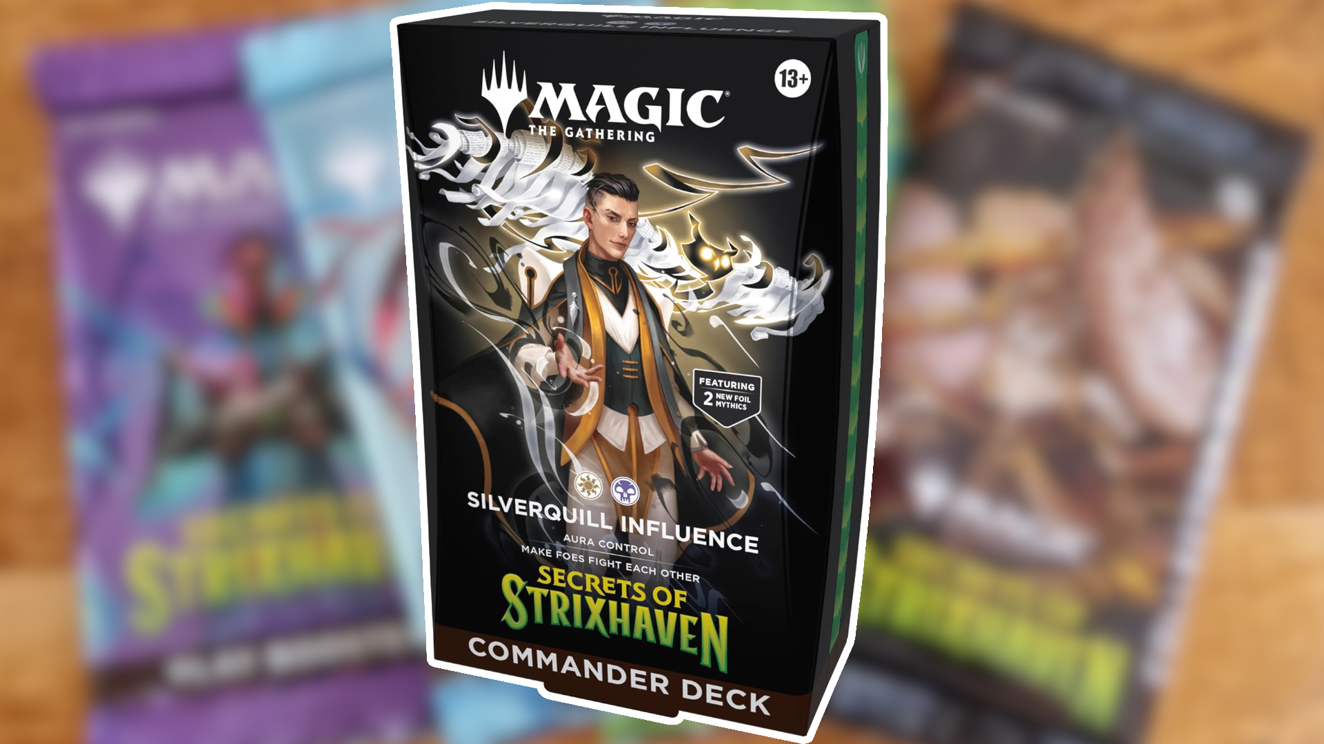 Silverquill Influence box against blurred booster packs for MTG Secrets of Strixhaven