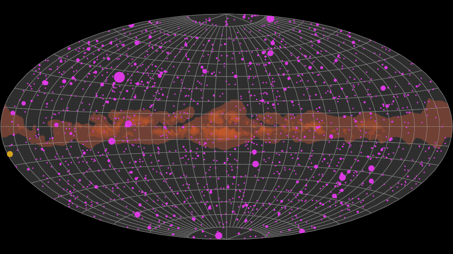A NASA animation shows the sky lit up by gamma-ray flashes, represented by pink spots that shrink as the emission dims. The animation was created using a year of data from the Large Area Telescope (LAT) aboard NASA's Fermi Gamma-ray Space Telescope.