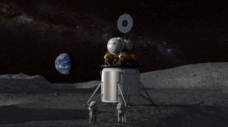 Artist's illustration of a human landing system and crew on the lunar surface.