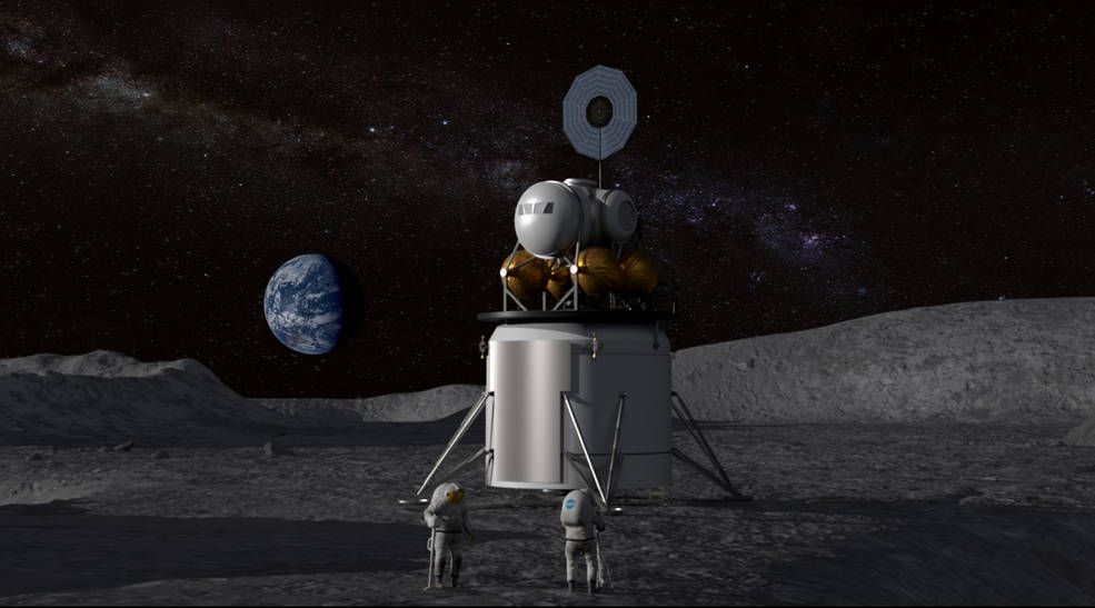 Artist&#039;s illustration of a human landing system and crew on the lunar surface.