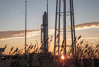 The Antares rocket and Cygnus capsule for the resupply mission dubbed NG-15 on the pad before launch, scheduled for Feb. 20, 2021.