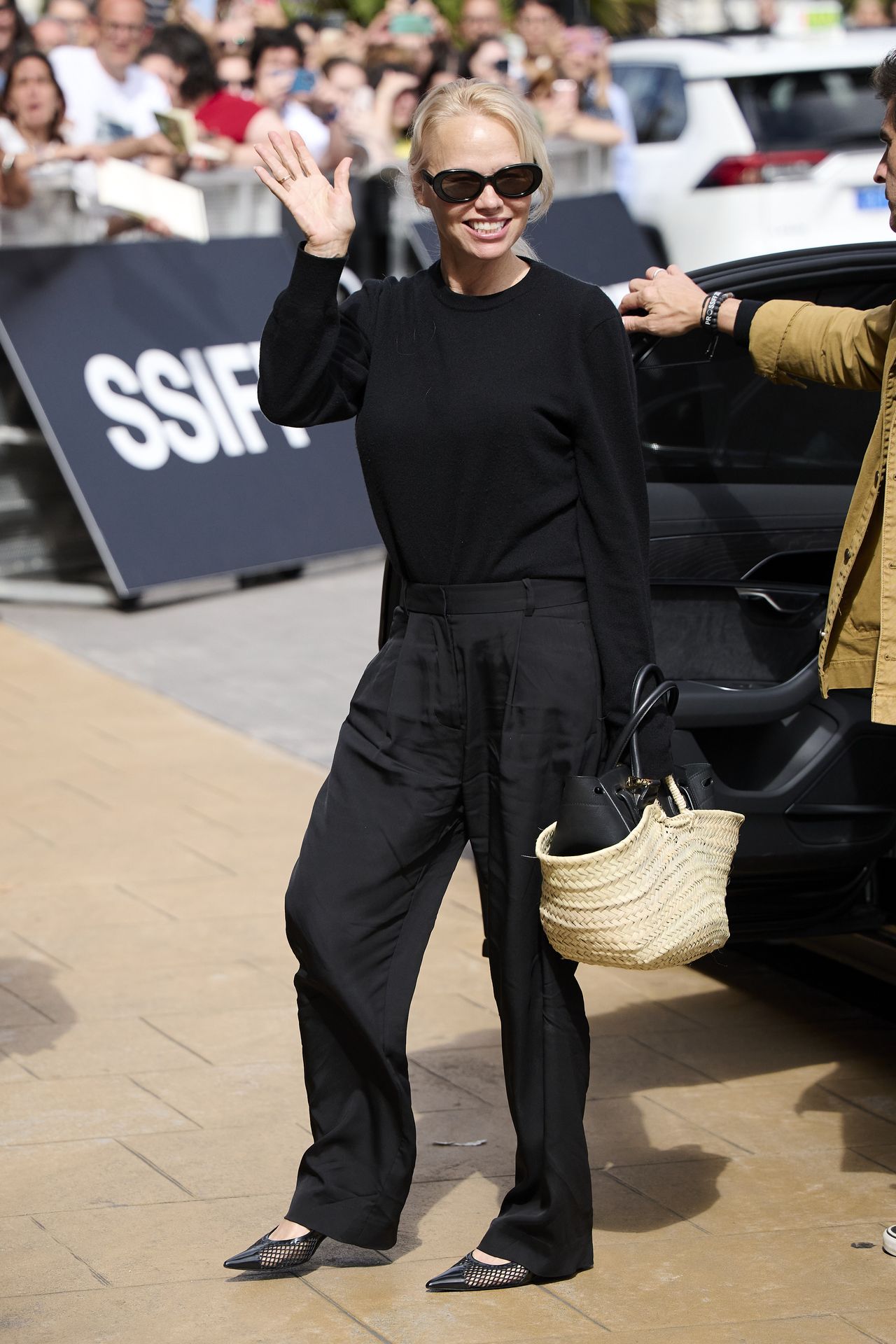 Pamela Anderson arrives at the Maria Cristina Hotel during the 72nd San Sebastian International Film Festival on September 25, 2024