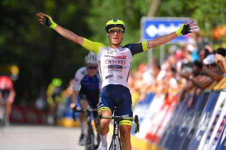 DURBUY, BELGIUM - JUNE 18: Quinten Hermans of Belgium and Team IntermarchÃ© - Wanty - Gobert MatÃ©riaux celebrates at finish line as stage winner during the 91st Baloise Belgium Tour 2022, Stage 4 a 172.2km stage from Durbuy to Durbuy / #BaloiseBelgiumTour / on June 18, 2022 in Durbuy, Belgium. (Photo by Luc Claessen/Getty Images)