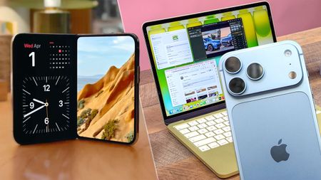 The iPhone Duo on the left and an iPhone 18 Pro Max and a MacBook Neo on the right