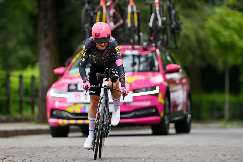 BRESCIA ITALY JULY 07 Magdeleine Vallieres of Canada and Team EF EducationCannondale sprints during the 35th Giro dItalia Women 2024 Stage 1 a 157km individual time trial stage from Brescia to Brescia UCIWWT on July 07 2024 in Brescia Italy Photo by Luc ClaessenGetty Images