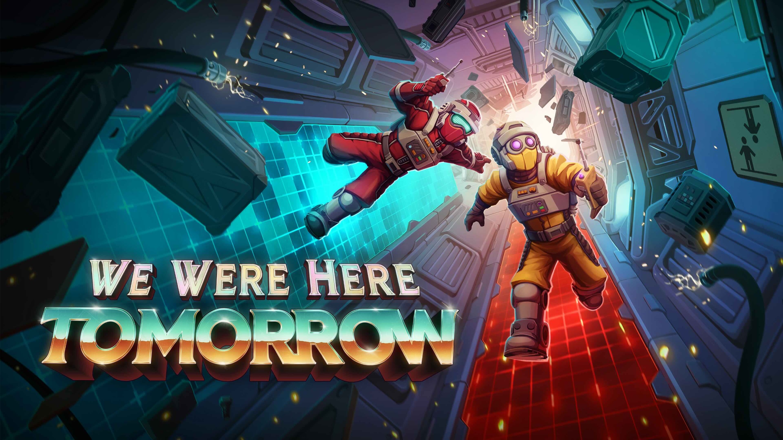 Astronauts rush through a colourful corridor. The We Were Here Tomorrow logo is shown.