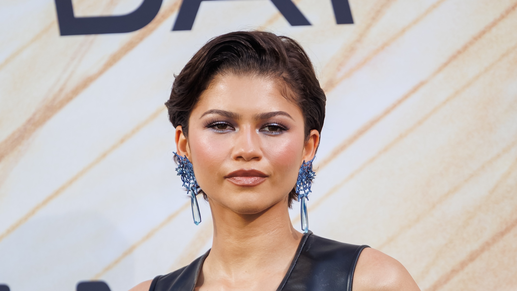 Zendaya posing in black for the German premiere of Spider-Man: Brand New Day.