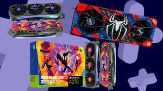 Various Spider-Man themed RTX 4070 GPUs on a blue GamesRadar background