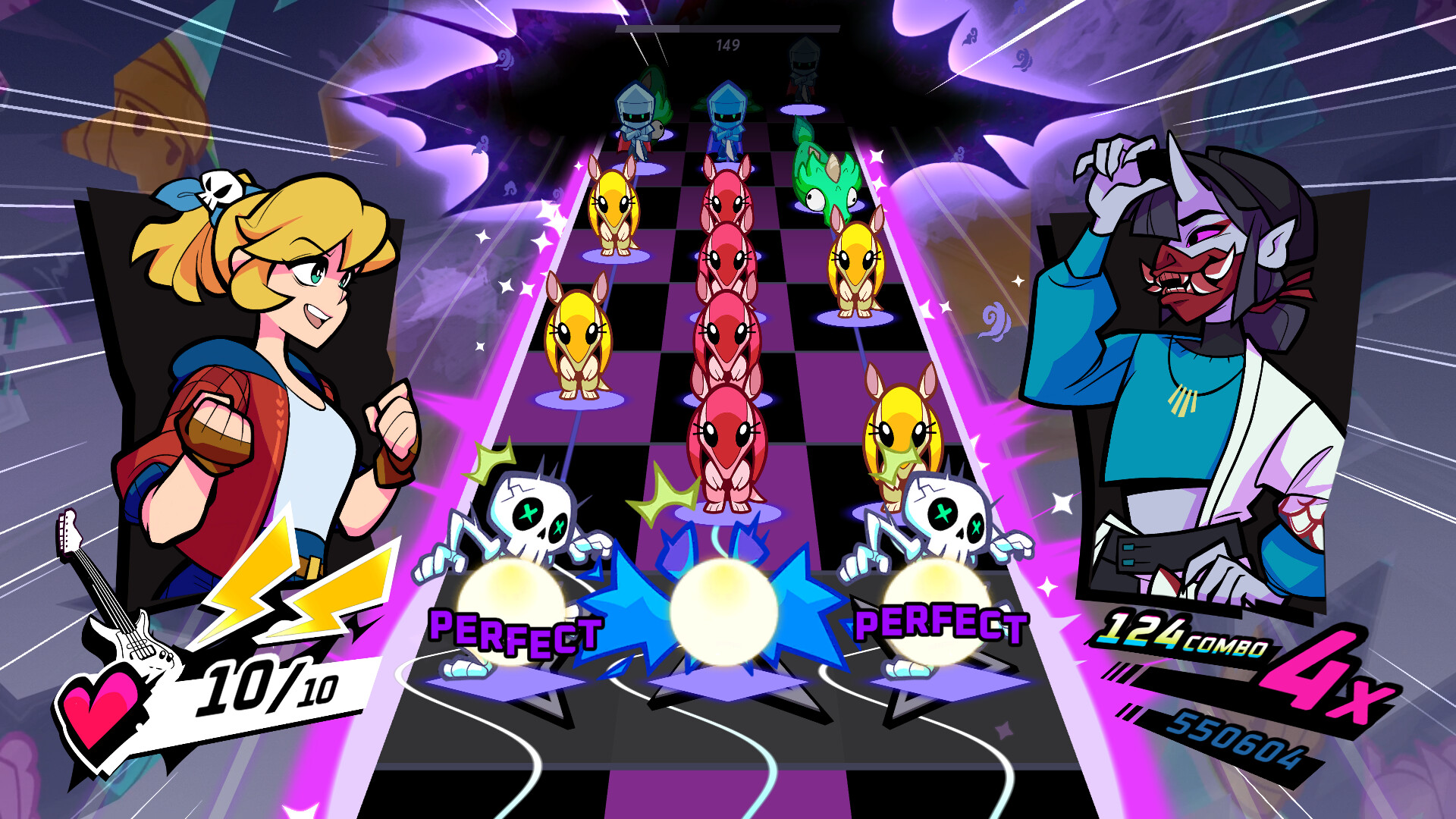 Rift of the NecroDancer screenshot showing two characters on either side of the screen and a conveyor belt with monsters that you fight by keeping to the rhythm