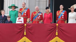 Prince George of Wales, Prince Louis of Wales, Princess Charlotte of Wales, Catherine, Princess of Wales, Prince William, Prince of Wales, King Charles III, Queen Camilla, Prince Edward, Duke of Edinburgh and Sophie, Duchess of Edinburgh stand on the balcony of Buckingham Palace
