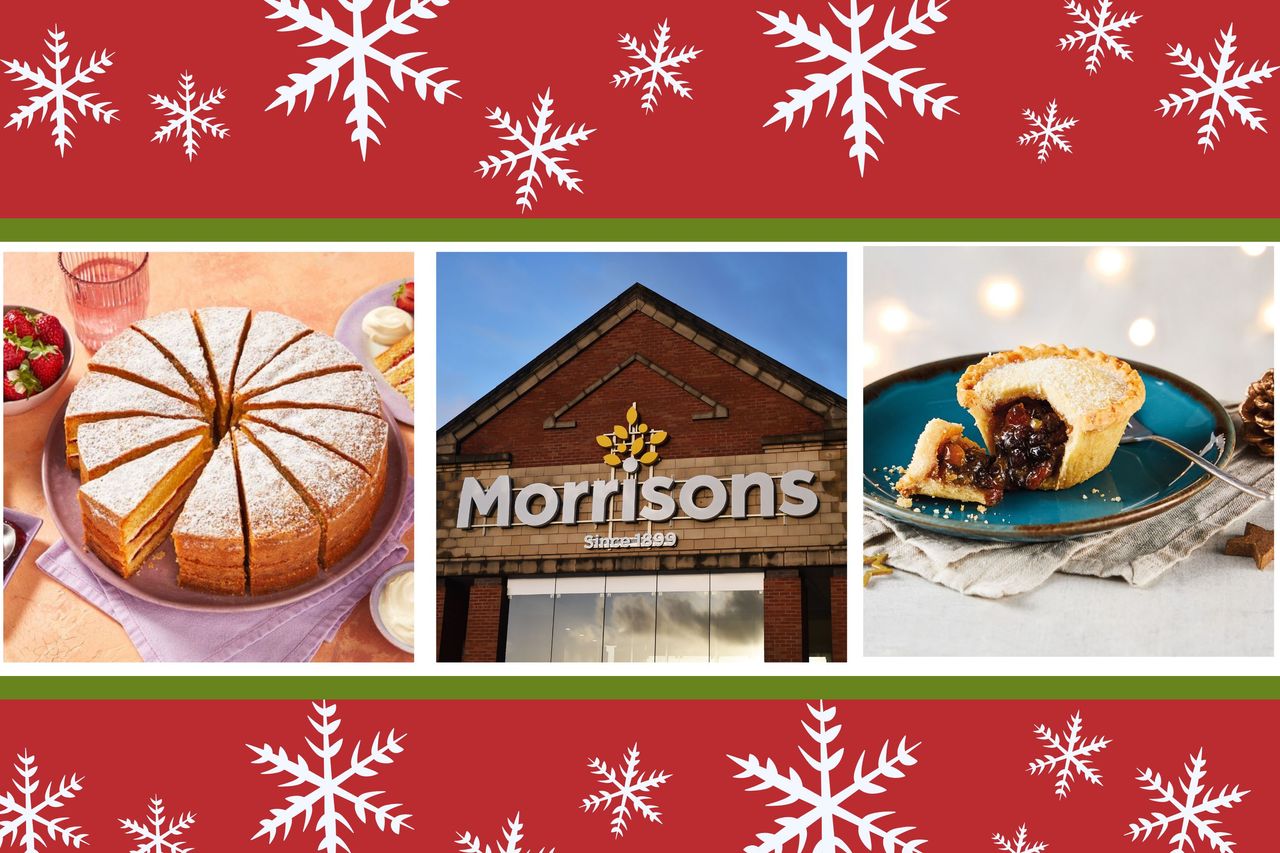 Morrisons Victoria Sponge cake with Morrisons building in middle and Morrison&#039;s mince pie on right side